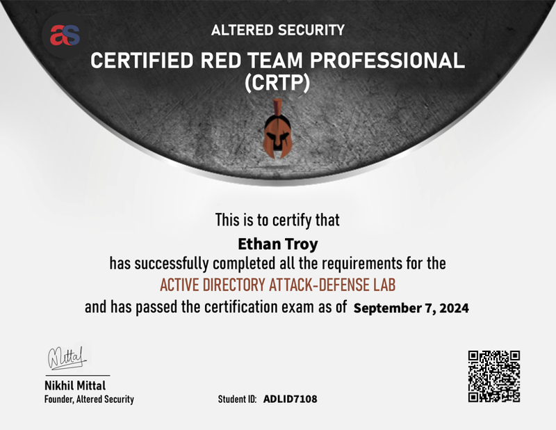 Certified Red Team Professional (CRTP) Certificate - Ethan Troy
