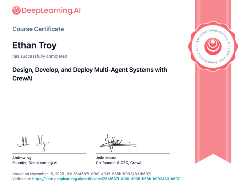 DeepLearning.AI Multi-Agent Systems with CrewAI Certificate
