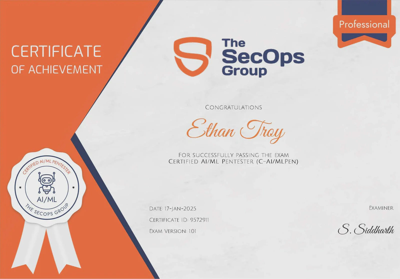 SecOps Group Certified AI/ML Pentester Certificate - Ethan Troy