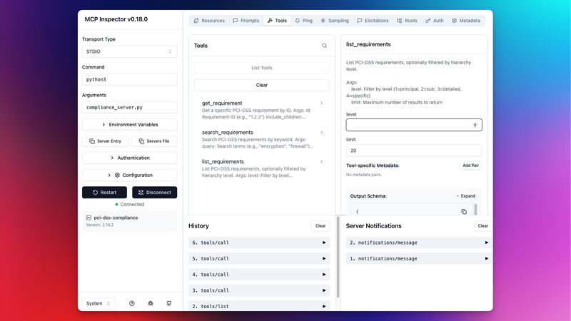 MCP Inspector testing the PCI-DSS compliance server